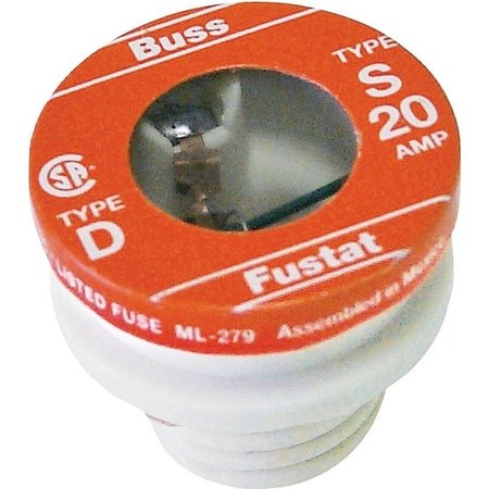 EATON BUSSMANN Plug Fuse, S Series, Time-Delay, 20A, 125V AC, Indicating, 10kA at 125V AC S-20